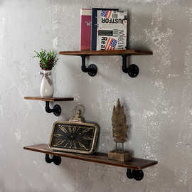 客厅挂墙置物架复古水管架铁艺实木层板架家用卧室照片摆放收纳架