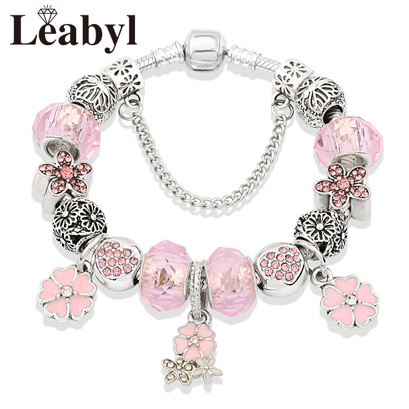 Bracelet jonc fleur émail et cristal rose collection automne_voghion.com