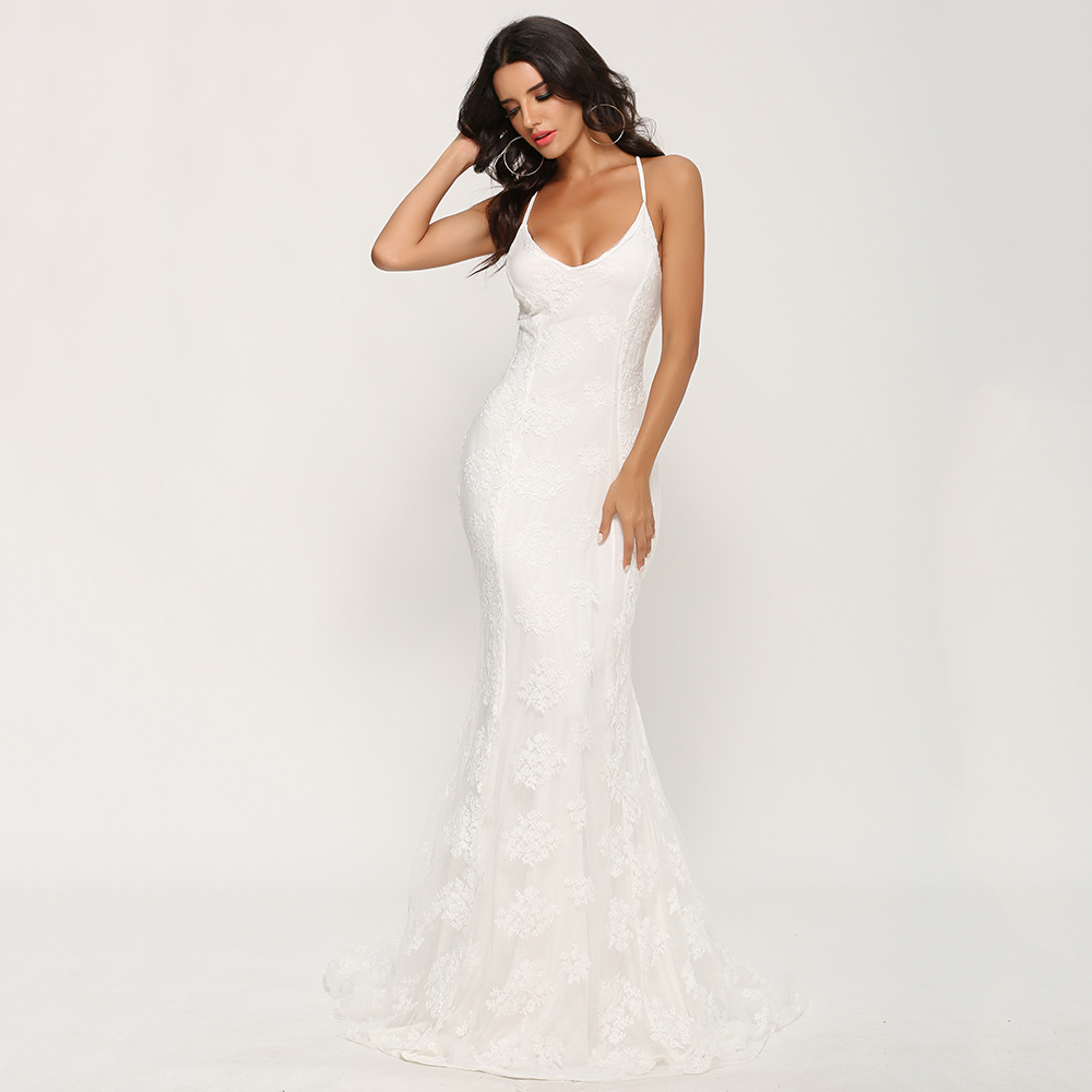 Elegant V Neck Maxi Dress Sexy Spaghetti Straps Train Detail Perfect for Weddings Wholesale Available