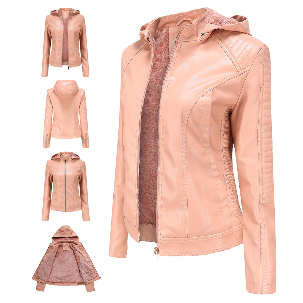 New Cross-border European and American Large Size Fleece-lined Women's Leather Women's Hooded Autumn and Winter Short Coat Warm Casual Women's Jacket