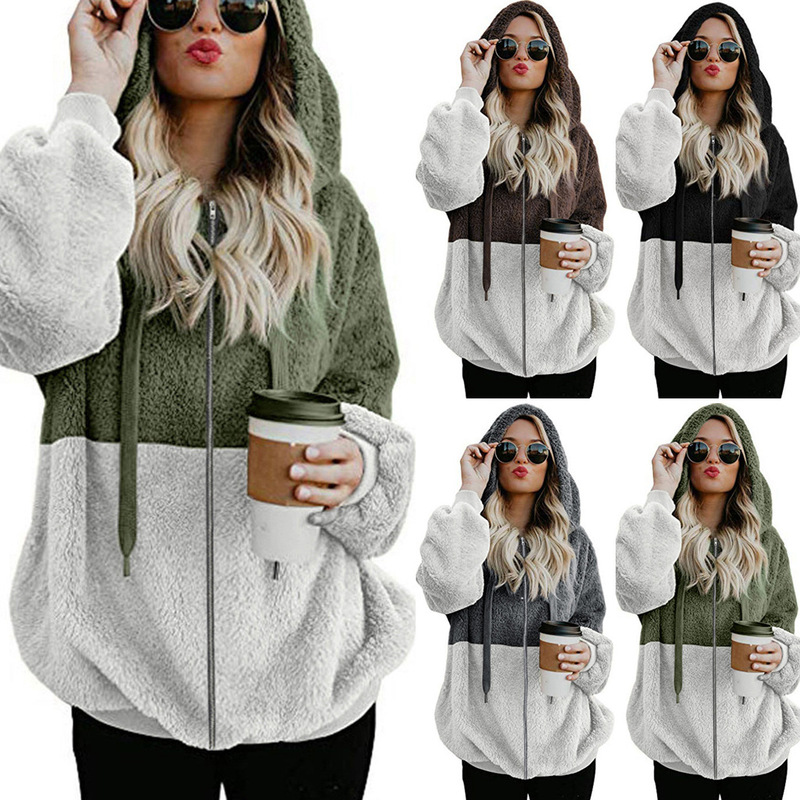 (in Stock) Amazon's Hot-Selling 2025 European and American Long-Sleeved Zip-Up Hooded Women's Sweatshirt Fleece Jacket