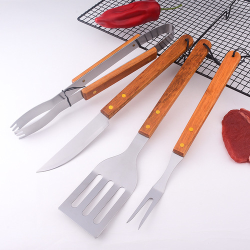 Outdoor Binding Card Grilling Tools Set of Four BBQ Tool Combination Kit Stainless Steel Wooden Handle Knife Fork Spatula Tongs BBQ