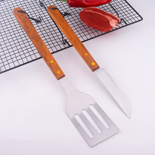 Outdoor Binding Card Grilling Tools Set of Four BBQ Tool Combination Kit Stainless Steel Wooden Handle Knife Fork Spatula Tongs BBQ