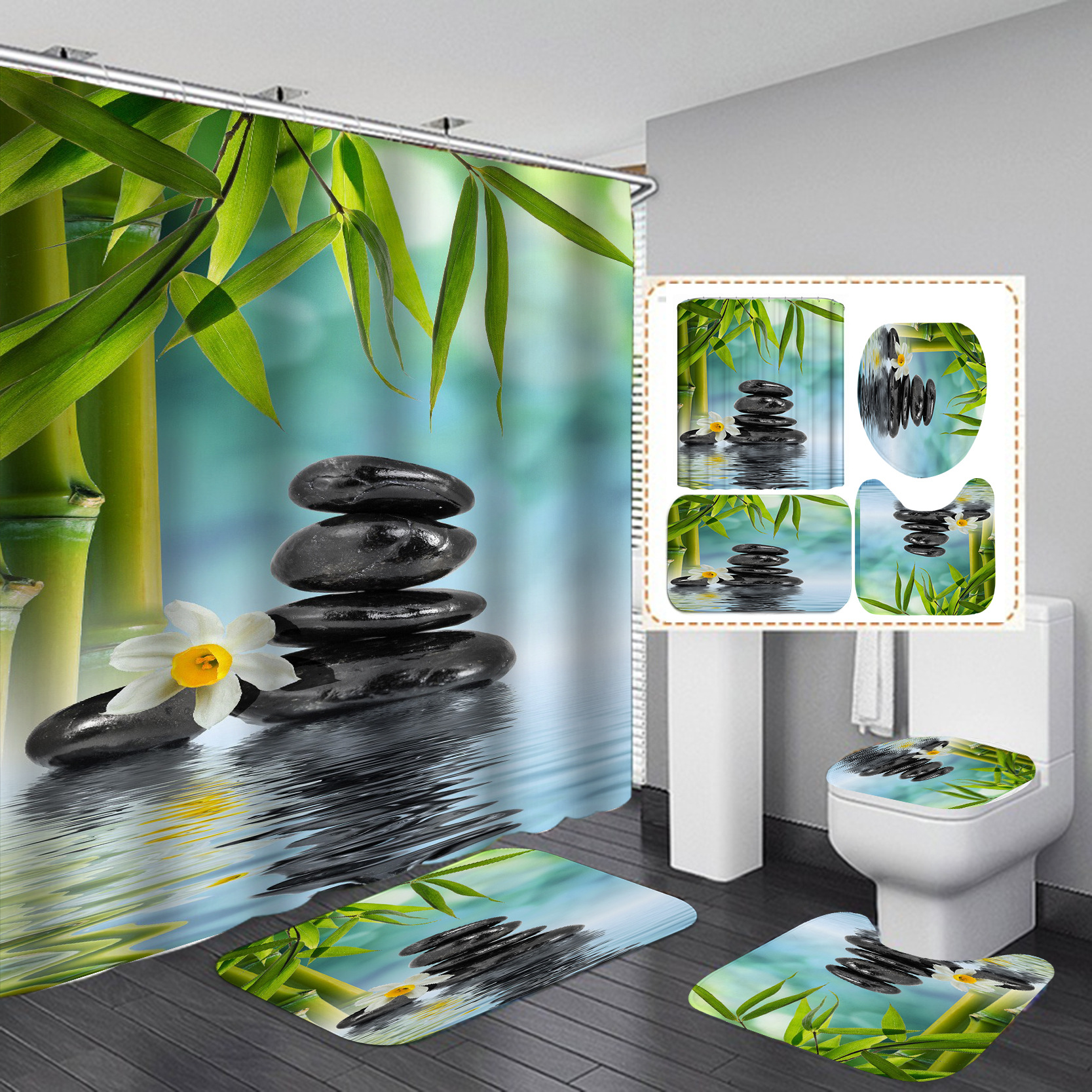 Amazon Venta caliente Impresión digital poliéster agua traje de bambú serie Home Hotel baño Cortina de ducha suministro directo de fábrica