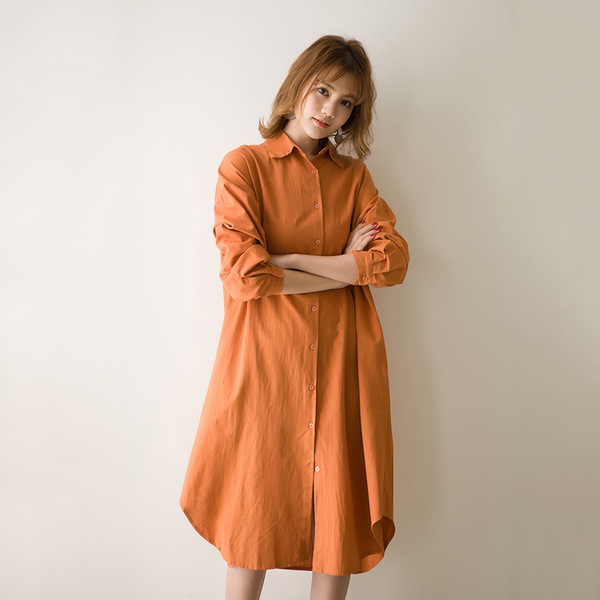 2026 Autumn Korean Style Lazy and Simple Extra Long Over-The-Knee Shirt Solid Color Turn-Down Collar Cardigan Shirt