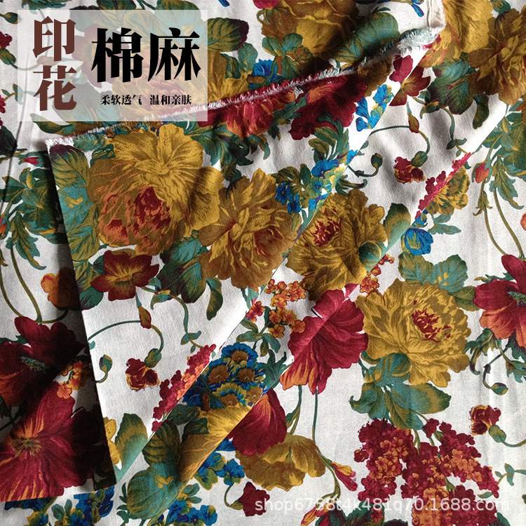 棉麻印花布料 民族风富贵大花 波西米亚面料丽江靠枕酒吧桌布麻裙