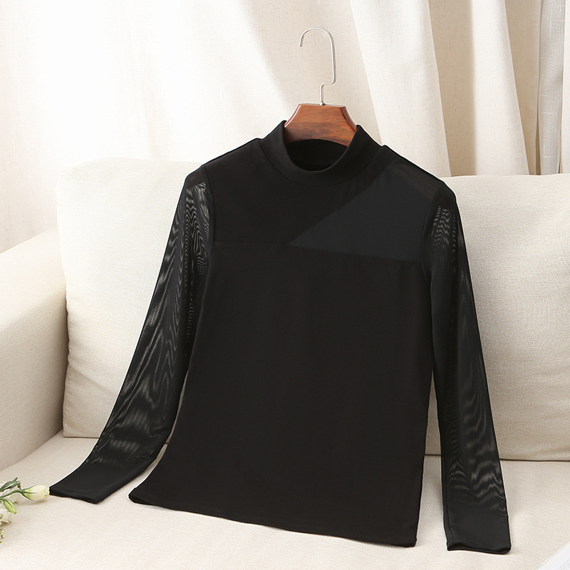 Canvaus mujer primavera nueva malla sexy costura medio cuello alto camisa de fondo ver-a través de una sola pieza entrega FS401