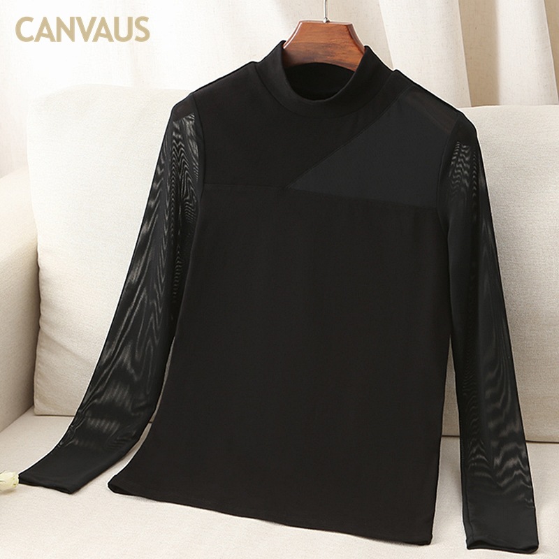 Canvaus mujer primavera nueva malla sexy costura medio cuello alto camisa de fondo ver-a través de una sola pieza entrega FS401