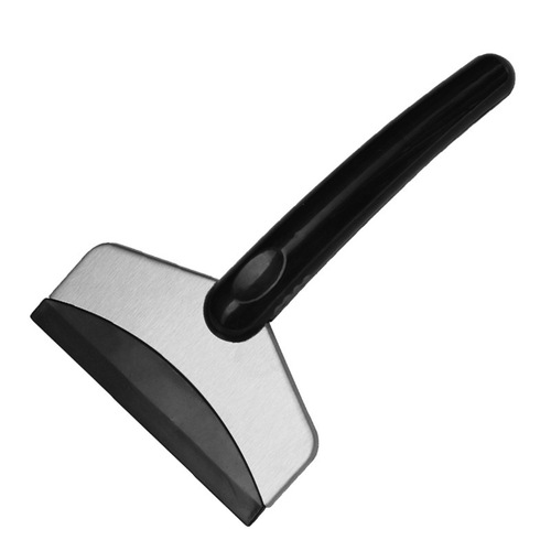 Stainless steel snow shovel for automobiles. Winter ice scraping tool that does not damage the glass and removes snow. Multifunctional defrosting and snow scraping tool.