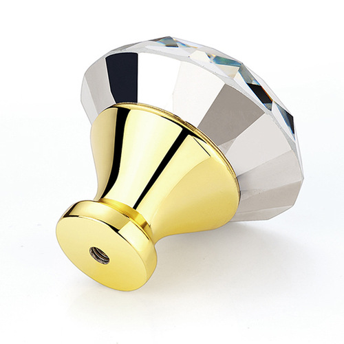 Factory direct supply European style diamond glass crystal handle modern simple golden zinc alloy bottom single hole round handle