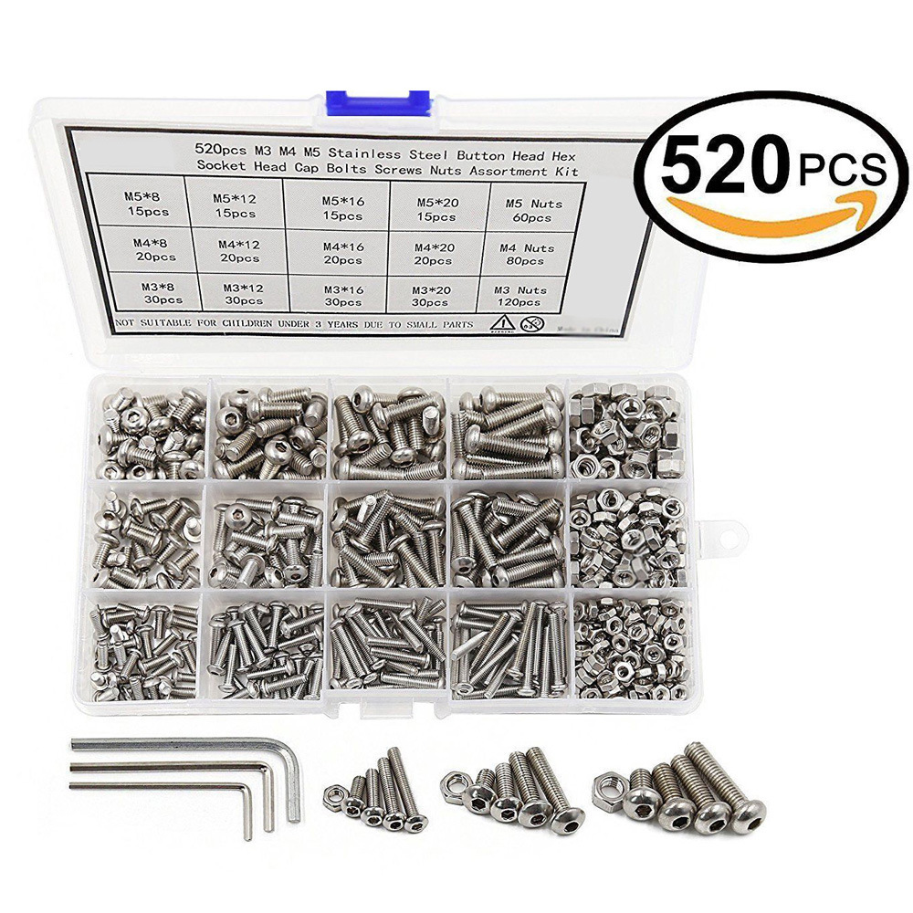 跨境专供 520pcs 304不锈钢盘头内六角螺丝螺母弹垫片盒装M3M4M5