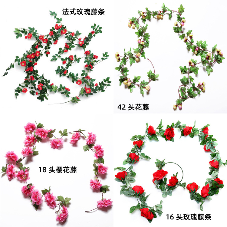 Flor artificial flor decorativa Flor de seda Flor de plástico Rosa flor de la boda colgante de techo enrollamiento vid flor artificial Ratán