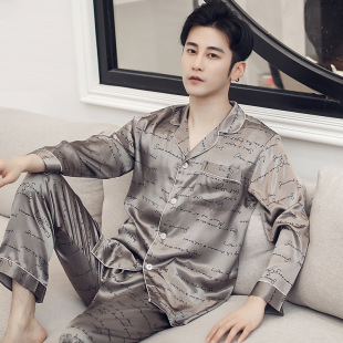 Men's autumn pijama, silk demi-season long-sleeve, thin uniform, for teenagers