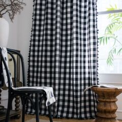 Imanqi Yun Black and White Grid Fringe American Small Window Kitchen Curtain Cotton Linen Semi-Darkening Bay Window Curtain