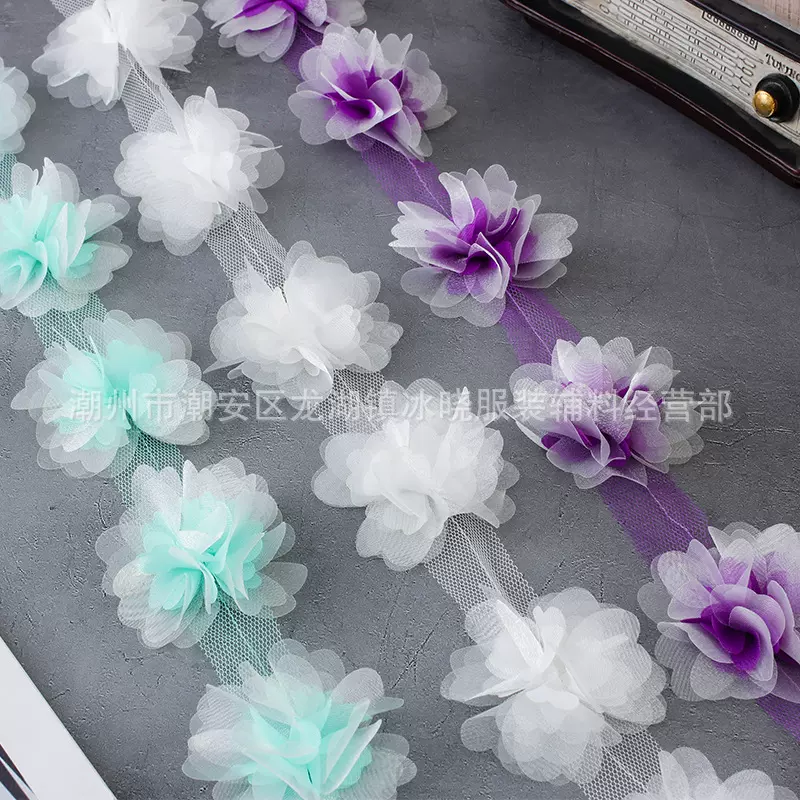 厂家直销 6.5cm双层欧根纱雪纺花边立体花朵 diy手工头饰玩具饰品