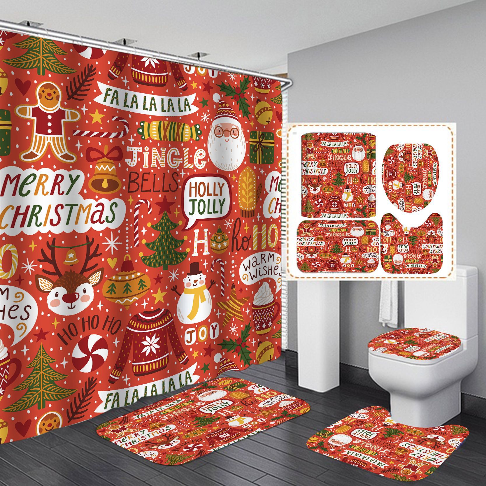 Amazon caliente de suministro directo de impresión digital impermeable de poliéster de dibujos animados de navidad cortina de ducha cortina de suministro directo de fábrica al por mayor