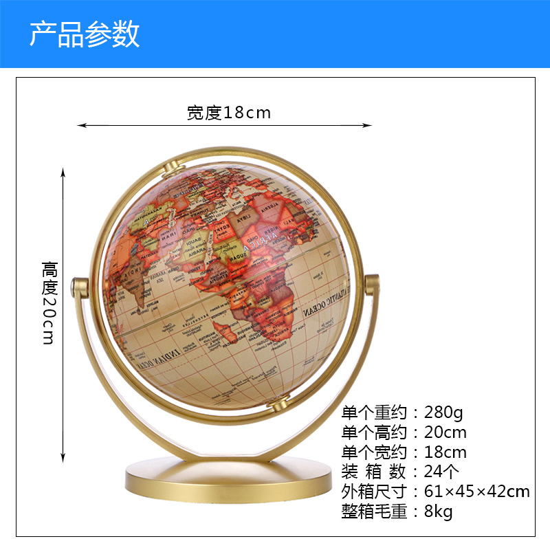 FUENTE Fábrica 14,16 cm Versión en inglés Soporte dorado Globo retro Globo giratorio universal de 720 grados