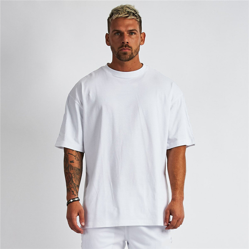Foreign Trade Extra Large Size Solid Color Blank Loose Bodybuilding Fitness Short-sleeved T-shirt Men's Breathable Trendy Men's Half-sleeved Shirt