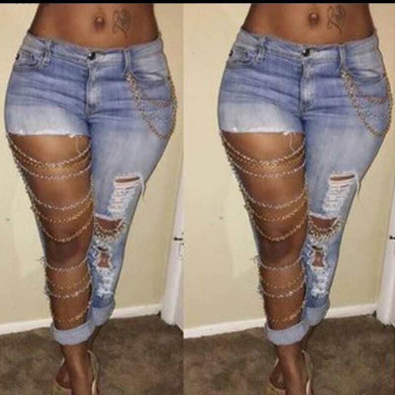 Special AliExpress Amazon Europe and America Exaggerated Big Ripped Jeans Women's Chain Hanging Ornaments Stretch Cotton Leg Pants