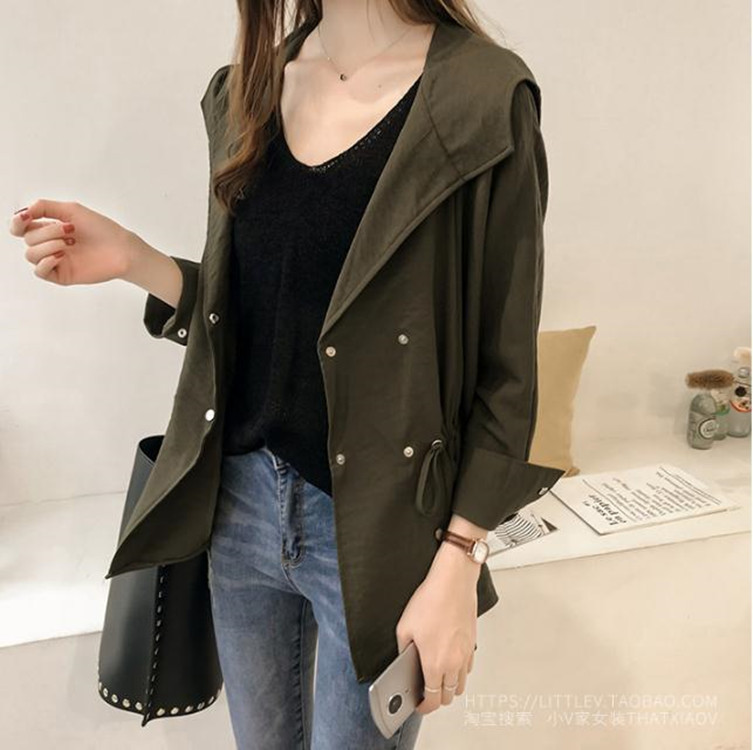 Early Autumn Women's New 2023 Korean Style Loose bf Hooded Windbreaker Women's Mid-length Casual Long-sleeved Cardigan Coat Trendy