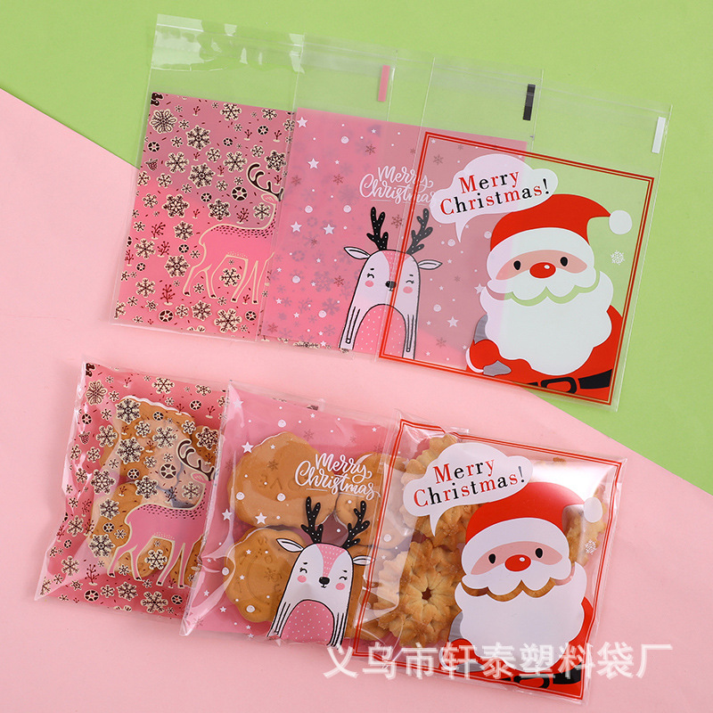 Original Navidad Old Pink ELK regalo copo de nieve crujiente caramelo cookie bolsa de embalaje autoadhesiva 100 piezas