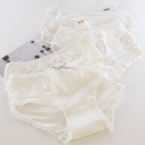 Pure white lace trim women's cotton mid-rise women's cotton briefs top cotton crotch girls' pants BS003