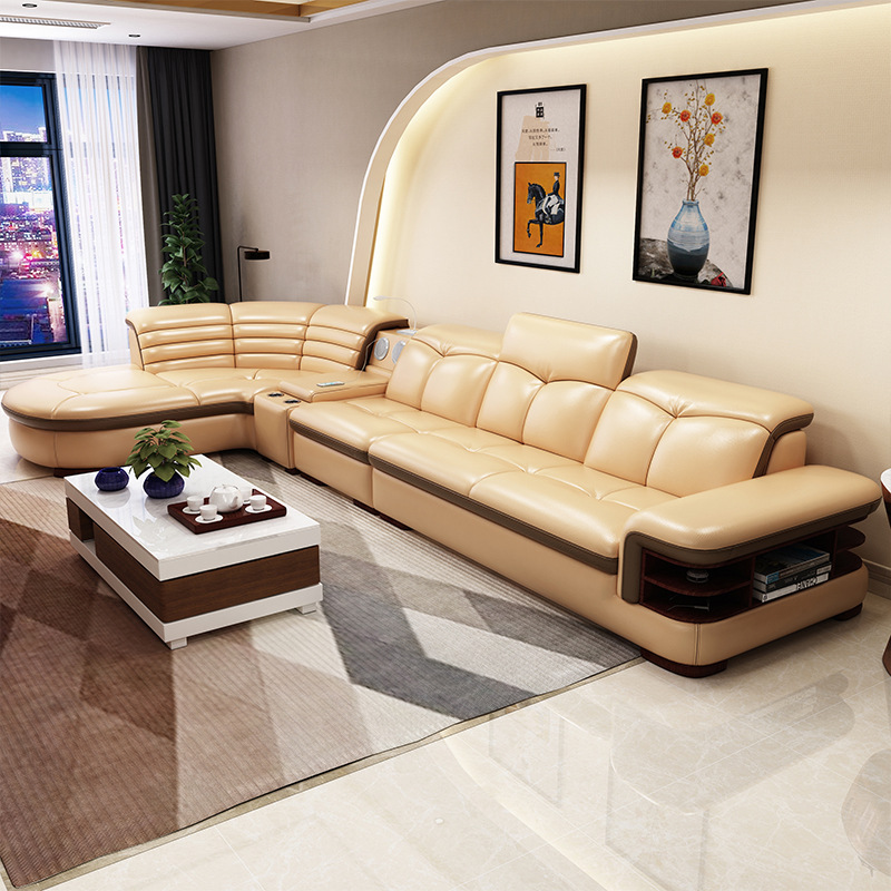 Juego de sofás de cuero, muebles para sala de estar de apartamento pequeño, sofá de cuero esquinero en forma de L, moderno, minimalista y multifuncional, venta al por mayor.