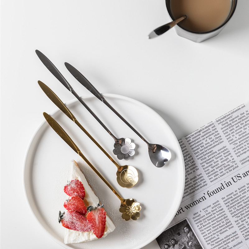 Shanen linda flor cuchara de acero inoxidable cuchara de mango largo cuchara de helado cuchara de mezcla de café cuchara de postre cuchara pequeña cuchara