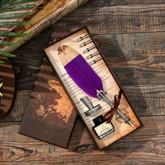 Antique dip pen set gift box, fresh and minimalist feather pen ink set, student gift dip steel pen wholesale