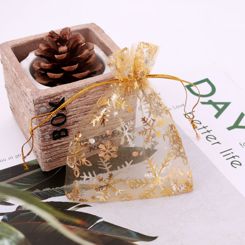 烫金雪花纱袋欧根纱抽绳束口袋圣诞节平安夜雪花纱袋包装袋礼品袋