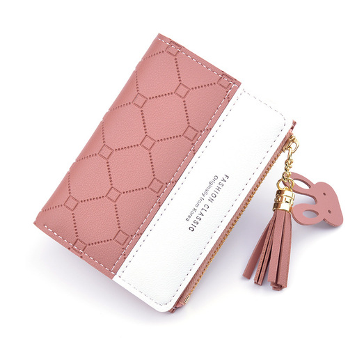 New small wallet for women short zipper tassel wallet for female students Korean style fashion plaid contrasting color coin purse card holder