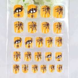 柠檬黄背胶美甲24片万圣节蜘蛛网假指甲外贸地摊甲片免刻磨穿戴甲