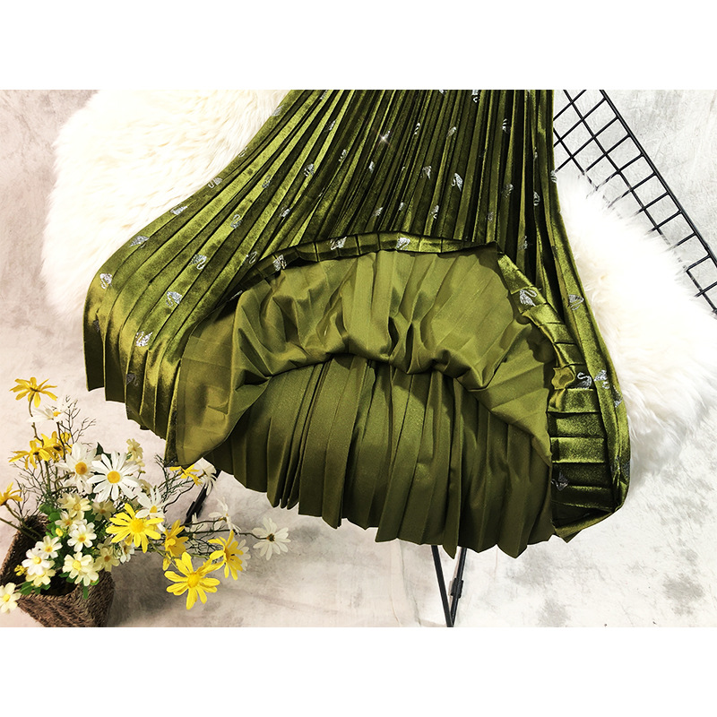 Női ruházat Jó minőségű Swan arany bársony rakott szoknya, egy vonalú, rugalmas derekú szoknya, középhosszú_voghion.com