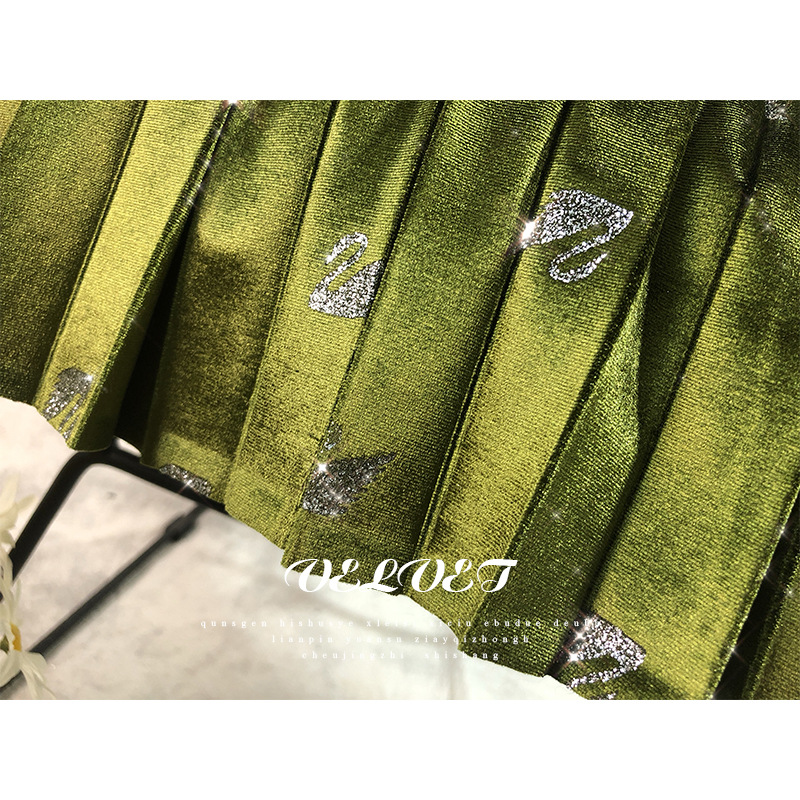 Női ruházat Jó minőségű Swan arany bársony rakott szoknya, egy vonalú, rugalmas derekú szoknya, középhosszú_voghion.com