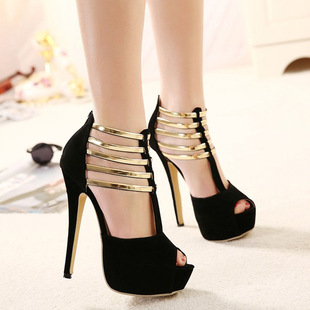 Foreign trade plus size super high heels hollow-out T-strap European and American sandals waterproof platform stiletto peep toe single shoes 34-43 size