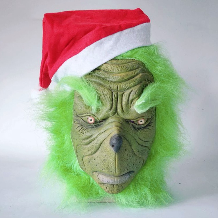 Máscara de Grinch de pelo verde para adultos, accesorio de látex para bromas, cosplay, máscara de Grinch navideña