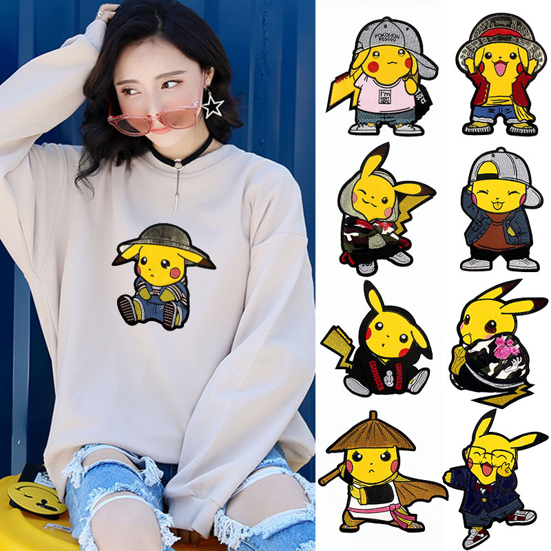 新款个性卡通皮卡丘公仔图案补丁贴时尚diy外套装饰衣服破洞贴补