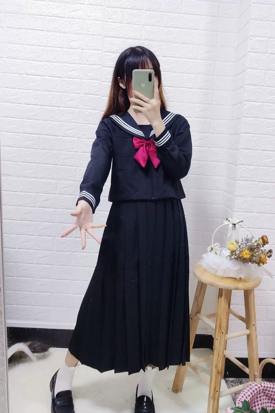 黑三本jk制服日本正统学生女校服黑色白三本水手服学院风长裙套装