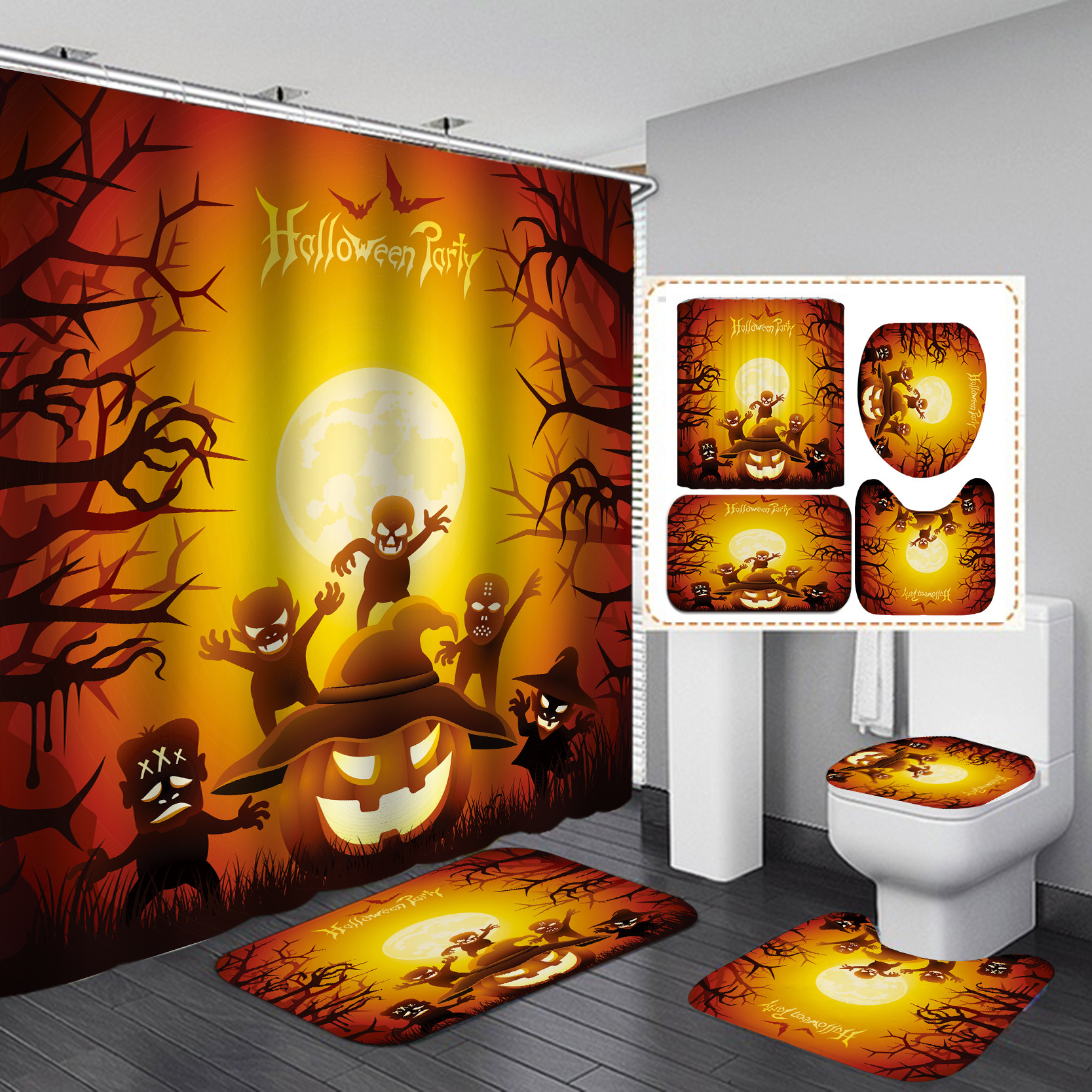 Amazon suministro directo transfronterizo Impresión digital impermeable Halloween patrón personalizado Cortina de ducha de suministro directo de fábrica Cortina de ducha al por mayor