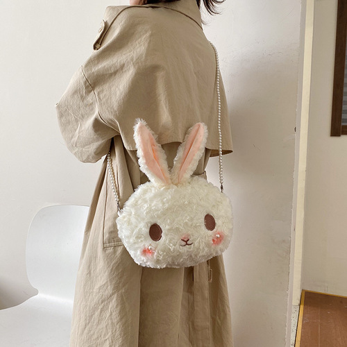 日系可爱兔子毛绒包女韩版ins卡通学生斜挎包珍珠肩带丑萌单肩包
