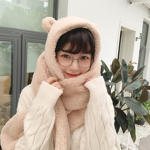 Foreign trade cute bear hat and scarf all-in-one women's autumn and winter plush thickened hat and scarf all-in-one three-piece set