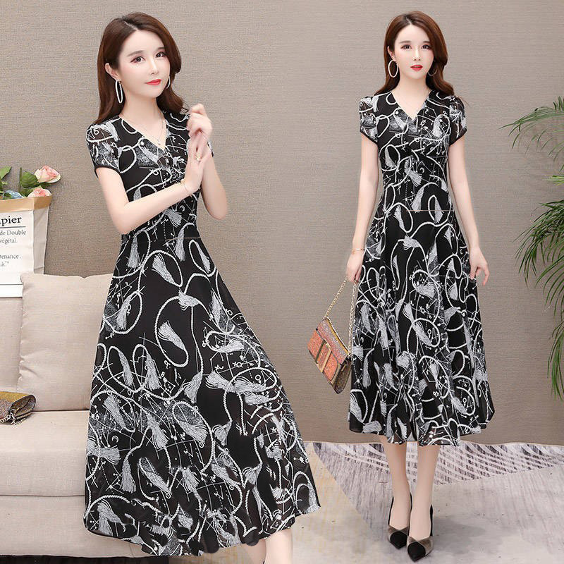Wholesale Floral Mid-Length Loose Slimming Plus-Size Dresses for Middle-Aged and Elderly Women