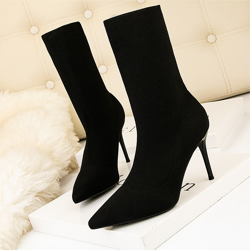 608-5 High Heel Thin Heel Pointed Toe Bare Boots Solid Color Footwear Skinny Socks Knitted Socks Short Boots Stretch Socks Boots