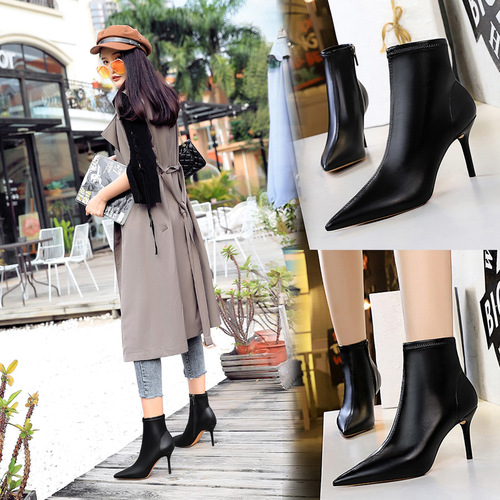 8788-2 European and American Style Fashionable Simple Skinny Boots: Stiletto Heels, Pointed Toes, Sexy Nightclub Look, Slimming Short Boots & Ankle Boots