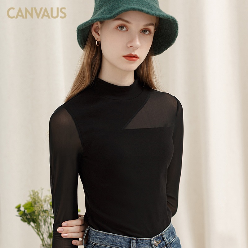 Canvaus mujer primavera nueva malla sexy costura medio cuello alto camisa de fondo ver-a través de una sola pieza entrega FS401