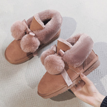 【斷碼清倉】冬季時尚真皮雪地靴女學生可愛毛球防滑保暖棉鞋子