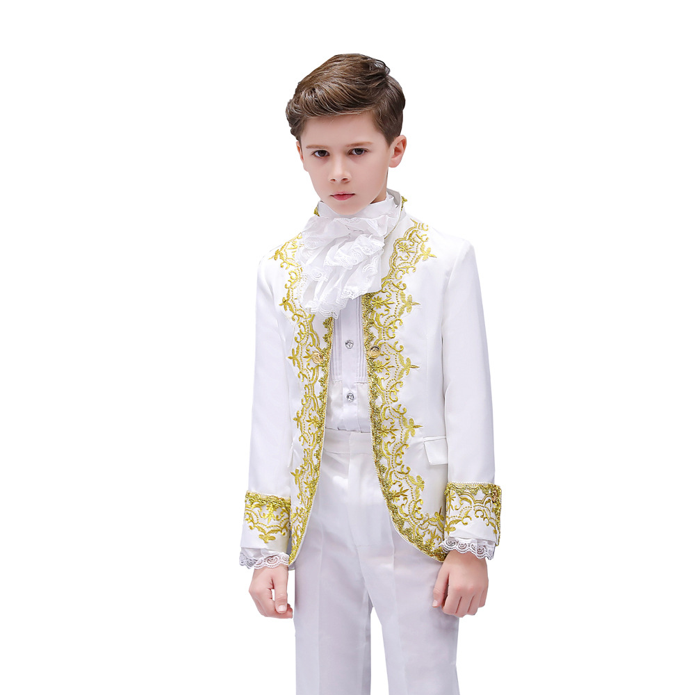 thumbnail image 3 of Traje de teatro de corte para niños y niños con vestido de actuación de príncipe azul en el escenario con flores doradas, 3 of 5
