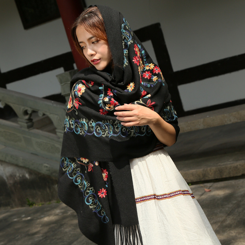 New Style Thickened Cashew Faux Cashmere Scarf Embroidered Scarf Ethnic Style Shawl Dual-purpose Women's Autumn and Winter