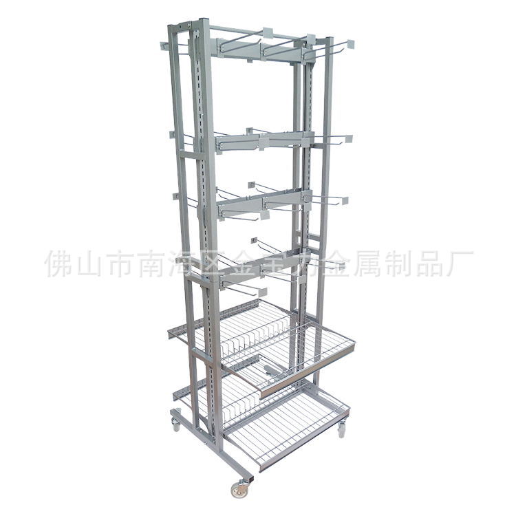 金属架多功能组装双面架带轮子货架金属银色喷粉便携式陈列展示架