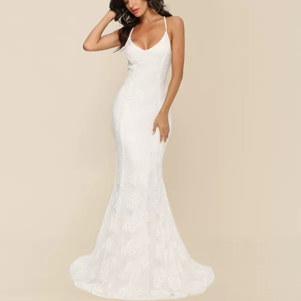 Amazon's Best-Selling European and American Cross-Border Women's Fashion Hot-Selling Dress, Sexy Strapless V-Neck Trailing Wedding Dress, Fashionable Long Dress